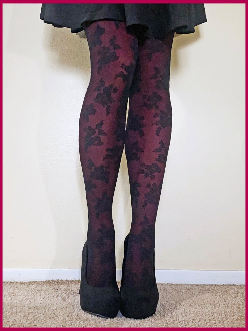 2 PAIRS PRE-LOVED TIGHTS - 1 OPAQUE BURGUNDY AND 1 BLACK SEMI SHEER FLORAL